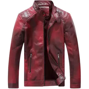 Men's Faux Leather Jacket Vintage with Stand Collar for Motorcycle Biker Riding Bomber Jacket for Men