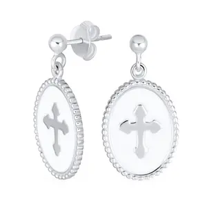 Christian Religious White Enamel Fleur De Lis Cross Dangle Earrings  Silver