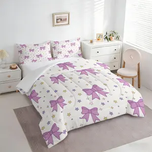 2/3pcs Cute Purple Bow Comforter Set, Star Print Quilt, Soft Bedding Set with Pillowcases, All Season Bed Comforter for Girls Kids, Aesthetic Bedroom Decor, Soft Bed Blanket, Twin Full Queen Size