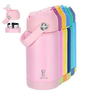 Yawbay 12oz Kids Portable Vacuum Insulated Stainless Steel Tumbler, Leakproof Straw Lid, Silicone Handle, Non-Slip Base, Cute Pink Drinkware Flask for School