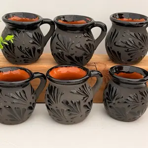 Mexicans 6pc black Talavera jarrito Coffee Mugs - Reusable black Clay Design, Ideal for Coffee Drinking - Reuse, Drinkware, Washable