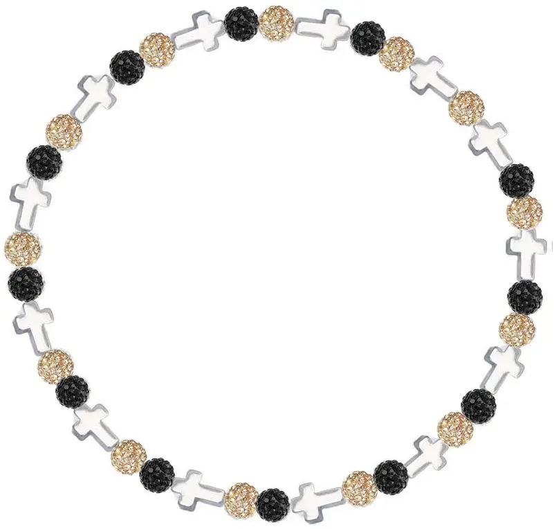 Iced Bling Disco Ball Rhinestone Crystal Bead Baseball Necklace Prayer Collection Black Vegas Gold with Silver Crosses