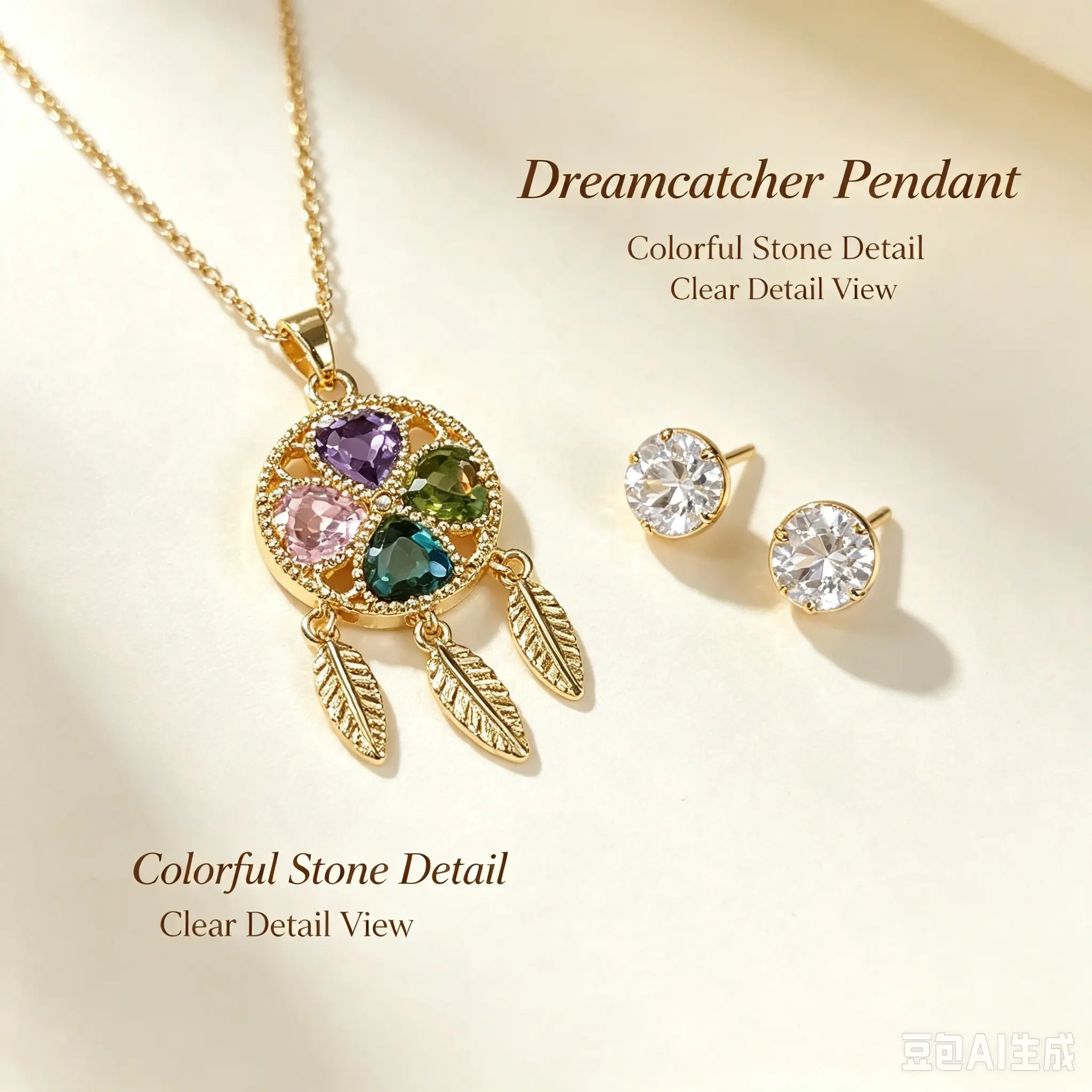 18K Gold Plated Stainless Steel Dreamcatcher Jewelry Set for Women, Colorful Multi‑Heart Zircon Dream Catcher Pendant Necklace with Clear Round Zircon Stud Earrings, 2‑Piece Boho Matching Jewelry Kit