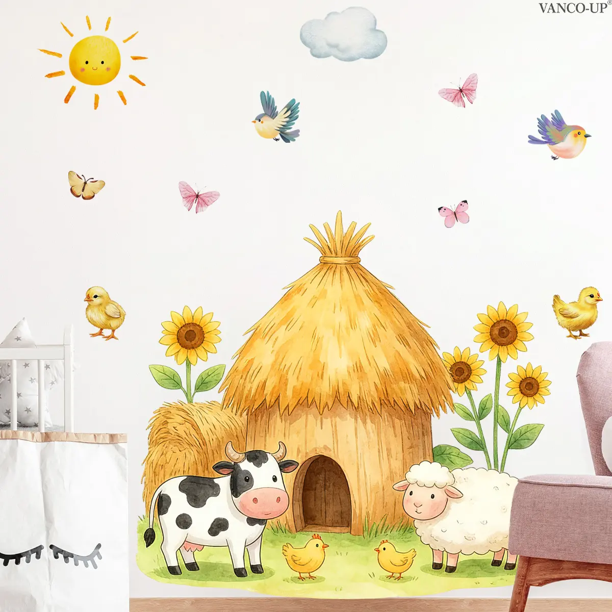 Set of 2 Pcs 30×60cm Cute Farm Animals (Cow, Sheep, Chicken) Self-Adhesive Wall Stickers for Living Room Bedroom Kids Room Home Decor