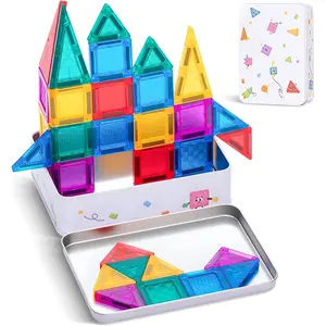 56PCS Mini Magnetic Tiles Travel Set with Iron Storage Box Portable STEM Building Blocks for Kids 3-8 Montessori Educational Magnetic Construction Set Magnet Toys for Airplane Car Christmas Gift