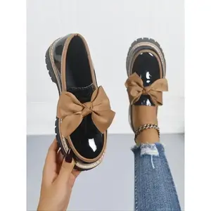Women’s Bowknot Loafers, Spring & Autumn Casual PU Leather Shoes, Solid Color, Below Ankle Height, PVC Sole