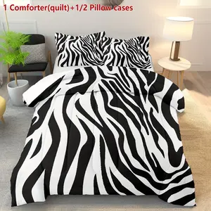3-piece black and white zebra print quilted bedding set, 200gsm quilted soft and breathable digital printed polyester bed linens (1 quilt + 2 pillowcases, without pillow inserts), featuring U-shaped quilting, suitable for bedroom, dormitory, and home use,