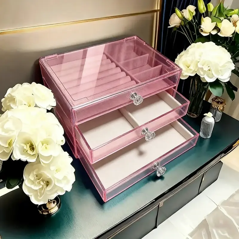3-Layer Rectangular Velvet Jewelry Box with Drawer - Lockable Key Lock, Large-Capacity Built-In Compartment Glamorous Jewelry Boxes & Organizers, Bedroom Countertop Home Organizer for Modern Women Gifts