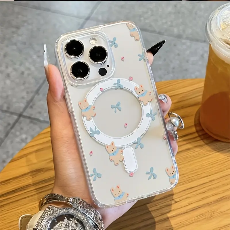 Little Bunny Plush Bowknot Pattern Magnetic Anti-drop Transparent Phone Case/for iPhone 17 Air/16 Plus/15 Pro Max/14 Pro/13/12/11 Full Protection Anti-drop/Daily Protection Accessories/TMYKLCX73