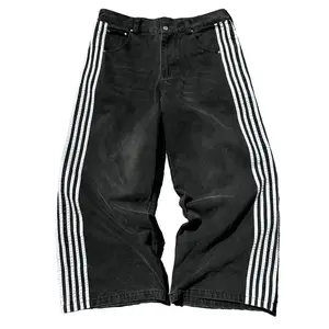 Men's Wide Leg Denim Pants - Cotton-Polyester Casual Stretch Stylish Stripe Print Loose Trousers, All-Seasons Comfy Streetwear Menswear Bottoms