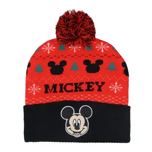 Disney Mickey Mouse Beanie Fair Isle Knit Design Cuffed Winter Hat with Pom