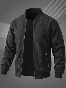Men's baseball collar jacket, zipper pocket - checkered fabric, machine washable, polyester fiber, casual outdoor sports jacket, suitable for daily outings, leisure, exercise, sports, jogging, formal occasions - spring and autumn seasons