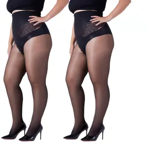 2-Pack 40D Semi-Sheer Bikini Tights | Durable Core-Spun Black Pantyhose | High Stretch Slimming Stockings - Plus Size XL/XXL Friendly