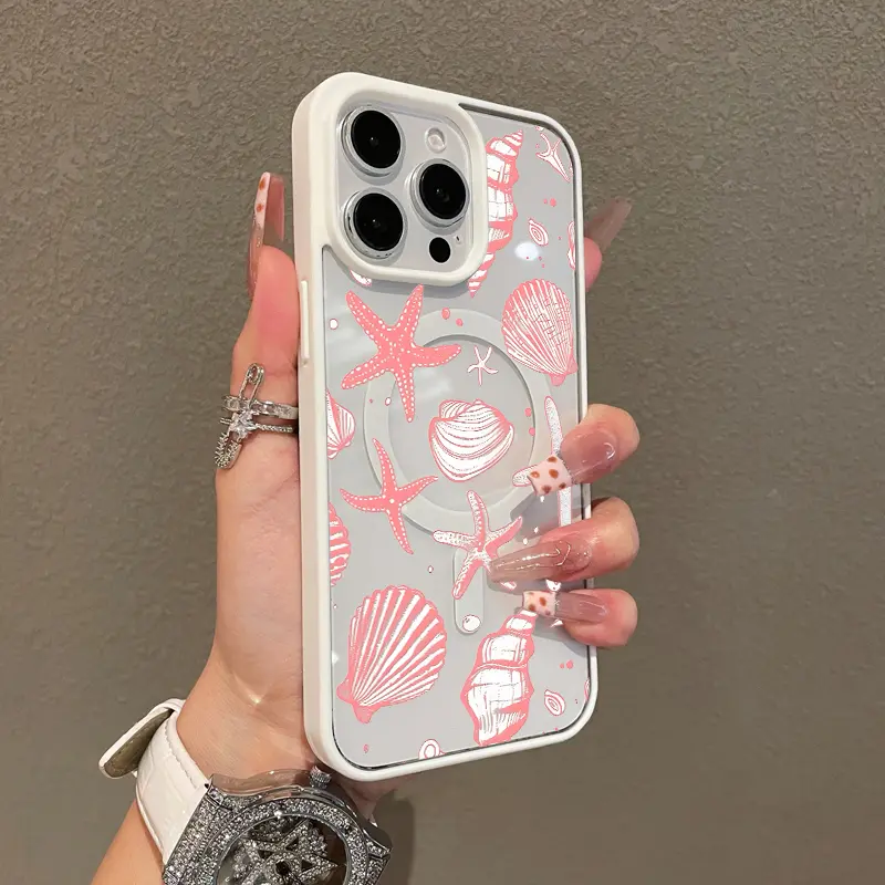 MagSafe-Ready Aesthetic Magnetic Smartphone Case Cover, Seashell & Starfish Pattern TPU Protector for iPhone 11/12/13/14/15/16/17 Pro Max, Ultra-Thin, Shockproof Cellphone Casing for Girls