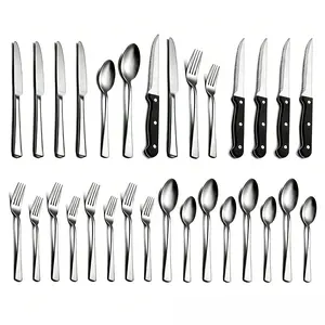 24-Piece Silver Silverware Set with Steak Knives, Silver Flatware Set for 4, Including Knives & Forks & Spoons, Dishwasher Safe Tableware Set for Home, Restaurants, Hotels & Weddings, Dinnerware Sets, Dinnerware Service Set