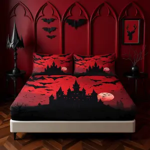 Red Gothic Bat Printed Bed Sheet Set, 1 Bed Sheet With 2 Pillowcases (Excluding Pillow Core), Suitable For Bedrooms, Dormitories, And Guest Rooms, Suitable As Gifts And Decorations