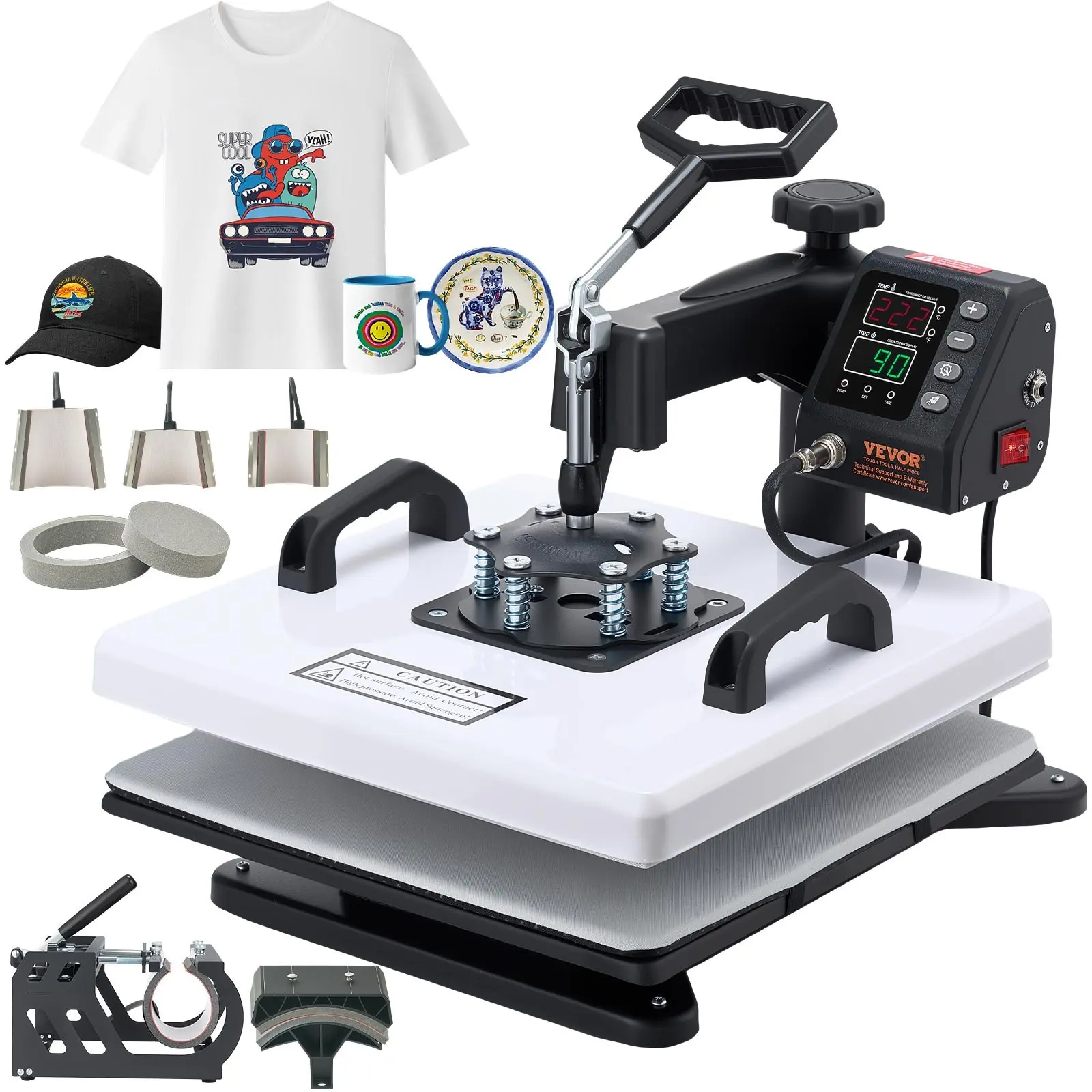 【Summerfinds】VEVOR 1200W 8-in-1 Heat Press Machine, 15x15in 360° Swing-Away Arm, Fast Heating, Digital Precise Control, Aluminum+ABS Sublimation Press for T-Shirts, Mugs, Custom Stencil, Patterns Craft Projects, Letters