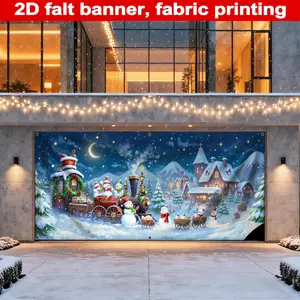 Christmas Garage Banner, Durable Polyester Material, Steam Train with Gifts, Snowman and Elf Pushing Cart, Festive Decoration