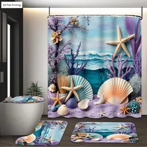 1/3/4PCS Ocean themed Decor with Seashells and Starfish Shower Curtain Set with Rugs, Non Slip Bath Mat, U-Shape Carpet, Toilet Lid Cover, Polyester Fabric Bathtub Curtain Accessories, 12 Hooks, Home Bathroom Festival Decor