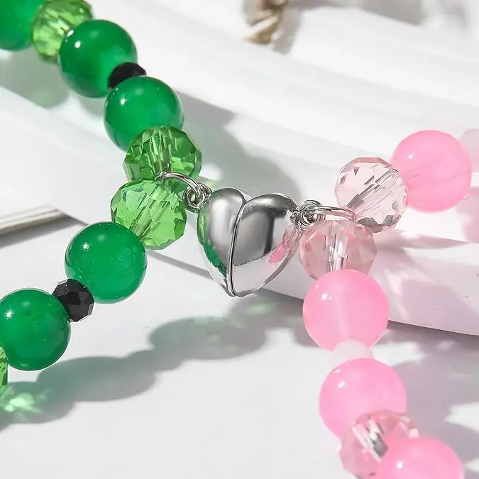 Beaded Friendship Bracelets Inspired by Wicked, Set of 2 Matching Elphaba & Galinda BFF Jewelry with Witch Hat & Crown Charms for Fans, Aesthetic Daily Accessory, Bracelet