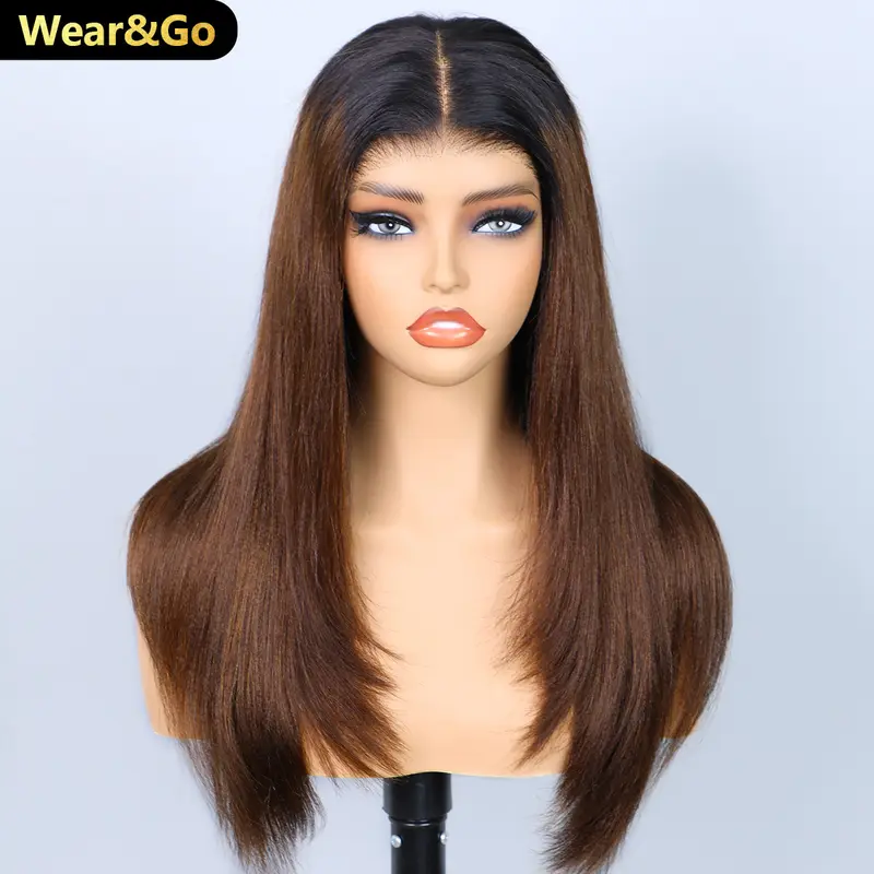 OQ HAIR Layered Cut Black to Chestnut Brown Ombre Yaki Straight Hair 7x5 Pre-Cut Swiss Lace Wear Go Glueless Wigs