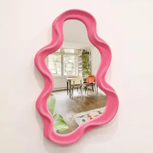 Pink Wavy Mirror Wall Decor – Asymmetrical Aesthetic Mirror for Living Room & Girly Bedroom