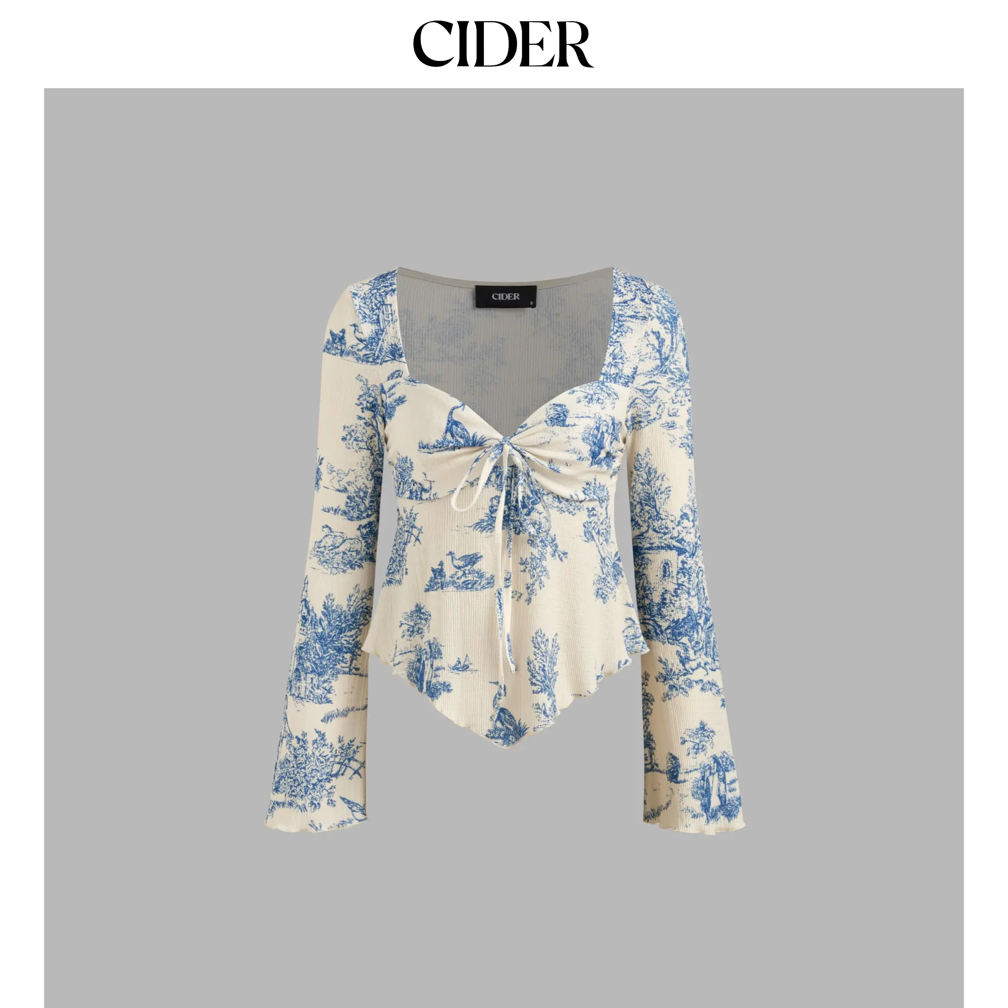 Cider [size 2-26] V-neck Toile de Jouy Knotted Long Sleeve Crop Top