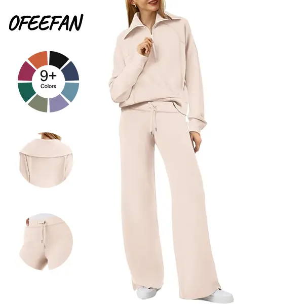 OFEEFAN Womenswear Lounge Sets For Women 2026 Half Zip Sweatshirt And Wide Leg Sweatpant 2 Piece Outfits Sweatsuit Tracksuit Fashion Enthusiast Casual Outing Clothes