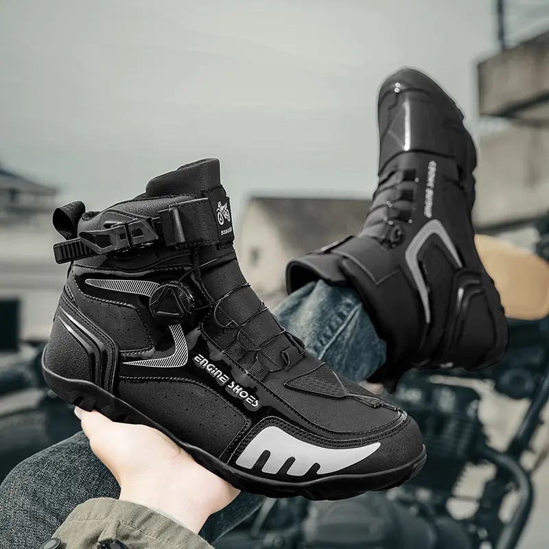 Men’s motorcycle riding boots—non-slip, durable, comfortable ankle boots with a rotating buckle closure; suitable for outdoor activities, hiking, and training; rubber outsole; ventilation holes; all-season wear.