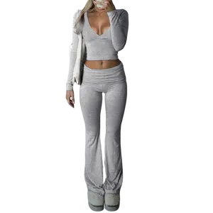 TFNOSIZE Women's 2-Piece Solid Color V-Neck Long-Sleeve Postpartum Sweat Suit, Yoga Bottoms Lounge Set, Minimalist Workout Running Clothes for Spring/Summer, 2 Piece Sets for Women