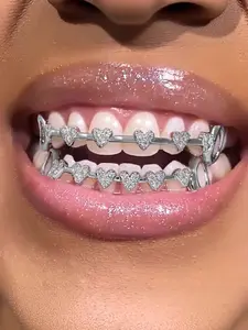 Women's Hip Hop Teeth Set Metal Electroplated Heart Full Diamond, Fashionable Jewelry Accessory, Perfect for Stylish