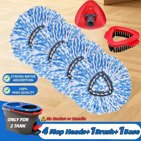 Rinse Clean 2-Tank Hardwood Floor Mop Replacement Set, 4/6-Piece Home Cleaning Bundle with 3 Removable Washable Microfiber Spin Mop Heads, Replaceable Scrub Brush Refills for 99% Dust Removal Smooth