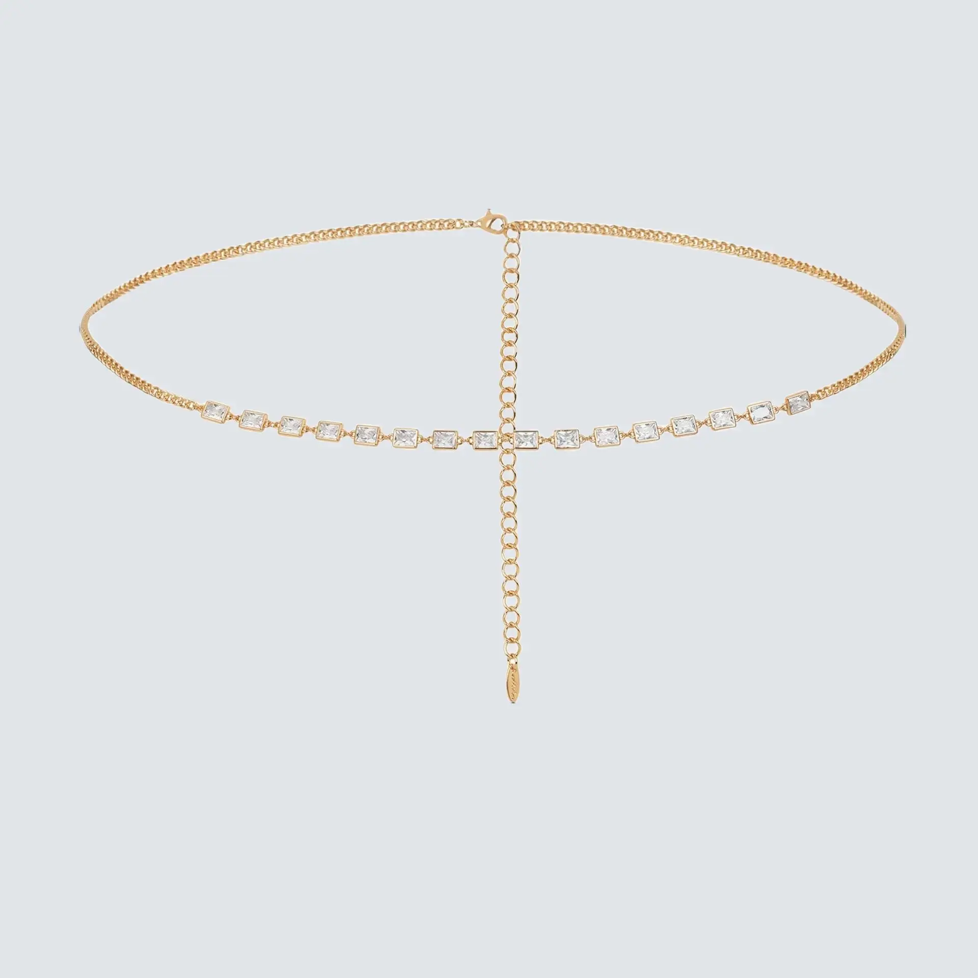 Iris Crystal and Gold Body Chain with Cross Design and Simple Beads