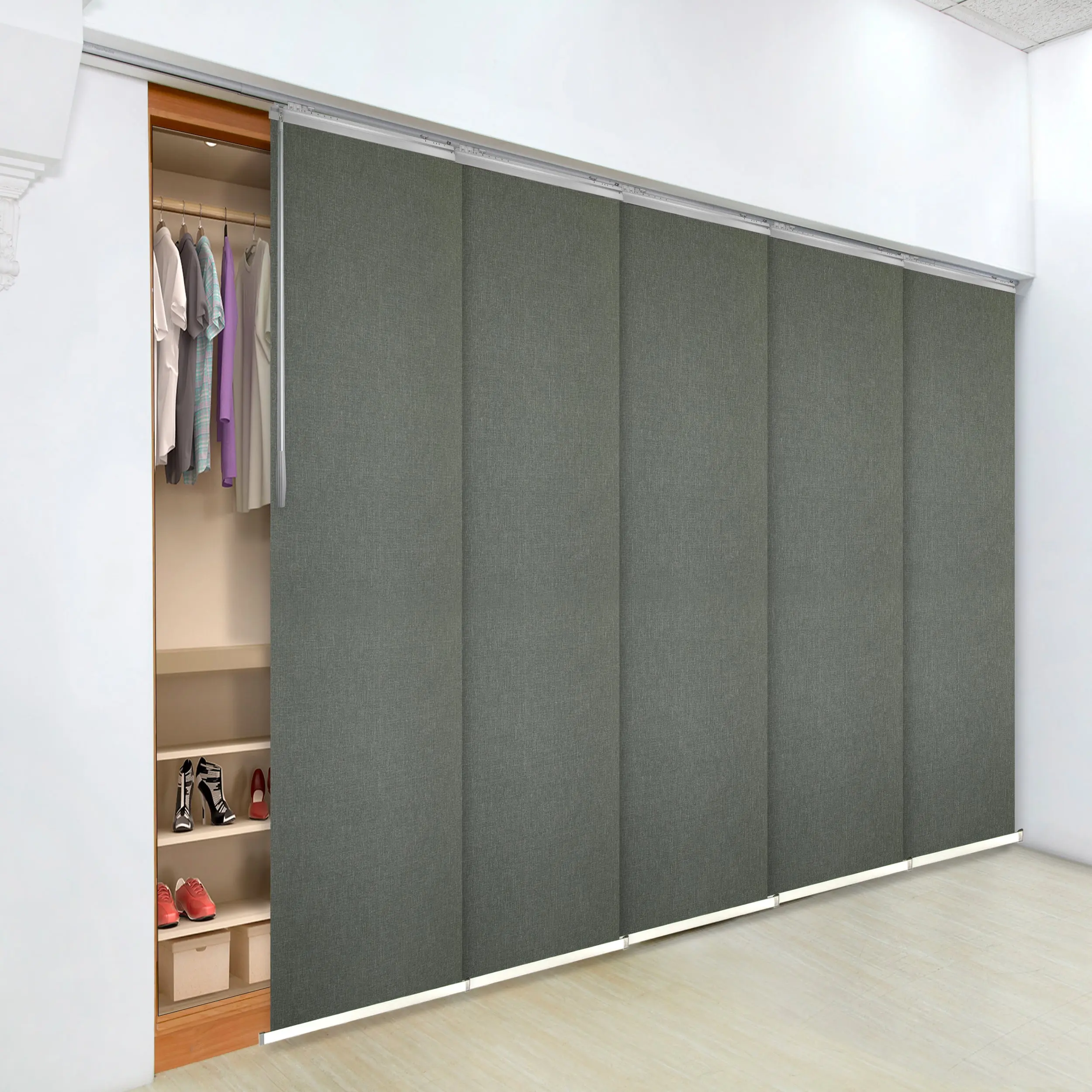 Clementine 5-Panel Single Rail Panel Track 58"-110"W x 91.4"H, Panel width 23.5" - 70% LIGHT-FILTERING