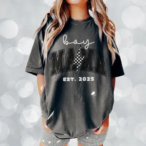 Boy Mama T-Shirt, Est Date 2025 Tee, New Mom Lighting Bolt Shirt, First Time Mom Mothers Day Gift Crewneck Fit