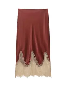 Women's Slim Fit Straight Leg Skirt with Side Zipper, Colorblock Lace Hem, Hollow Out Design, Chic Elegant Vacation Style, Elegance, Aesthetic