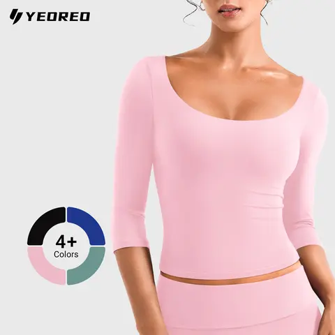 YEOREO Ease Women's 3/4 Sleeve Double Lined Scoop Neck Slim Fit Soft Breathable Nylon Blend Sports Activewear Tee - Tight Running Top, Running Training Tops, Gym Wear