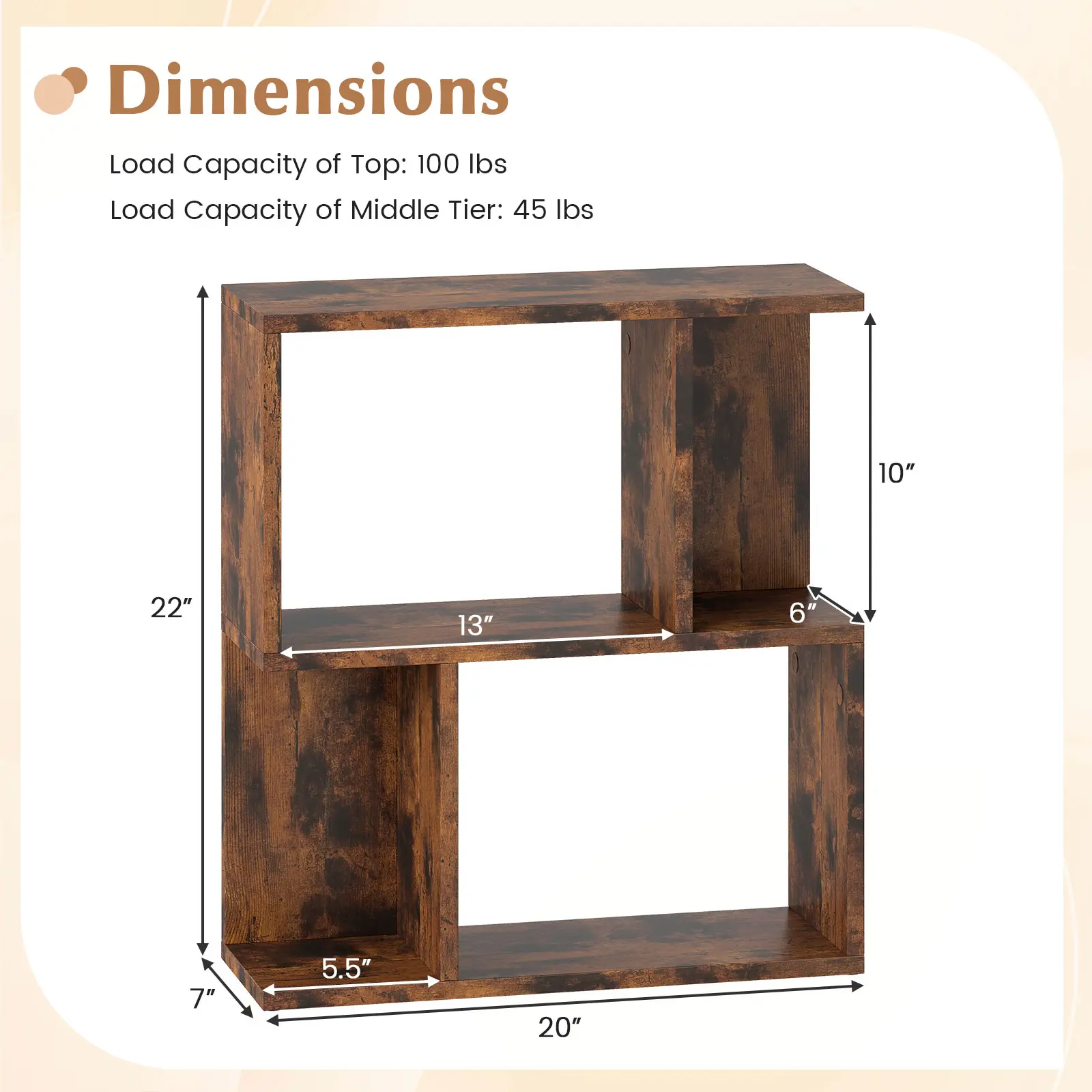 COSTWAY - 3-Tier Bookshelf with Display Shelf for Small Space-Rustic Brown