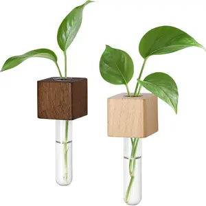 Magnetic Test Tube Vase Set of 2 Wooden Refrigerator Magnets, Includes Glass Tubes, Light Color and Dark Wood Colors, Water Propagation Station Plant