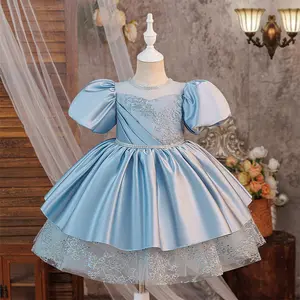 3-8Y Sky Blue 6131 Embroidered Kids Clothes Flower Girls Frock Ball Gown Pageant Children Elegant Princess Prom Host Formal Evening Party Banquet Cocktail Dress