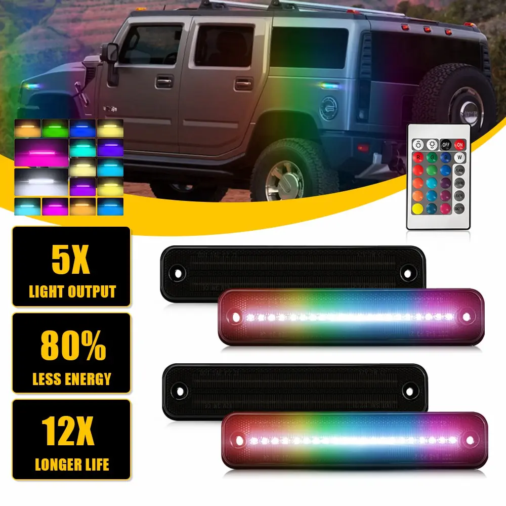 For 2003-2009 Hummer H2 Smoked 4PCS RGB Front Rear LED Side Marker Signal Lights