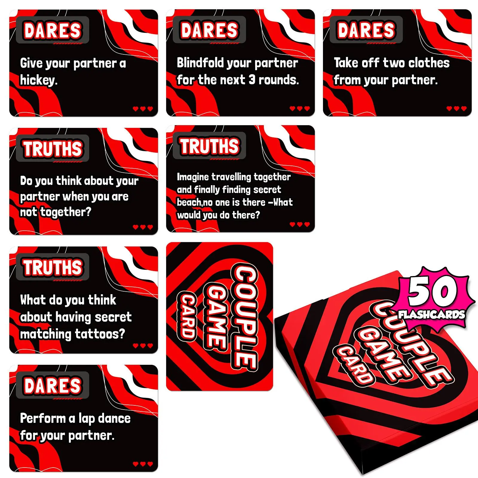 Couple Interactive Card Game, 50cards/box Truth Or Dare Card Game, Creative Interactive Card Game for Couple, Fun Tabletop Game, Party Game for Indoor & Outdoor, Tabletop Games