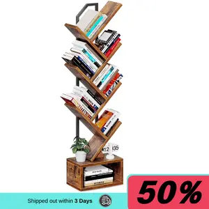 7 Tier Tree Bookshelf with Lights, LED Book Tree Bookcase with Storage Organizer, Small Corner Bookshelf Floor Standing Book Shelf for Living Room, Bedroom & Home Office 7-layer tree bookshelf, tall and narrow wooden bookcase, standing storage rack