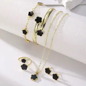 Elegant Lucky Five Leaf Clover Charm Jewelry Set Bracelet Bangle Necklace Earrings Stud Ring Gold & Black Fashion Accessories