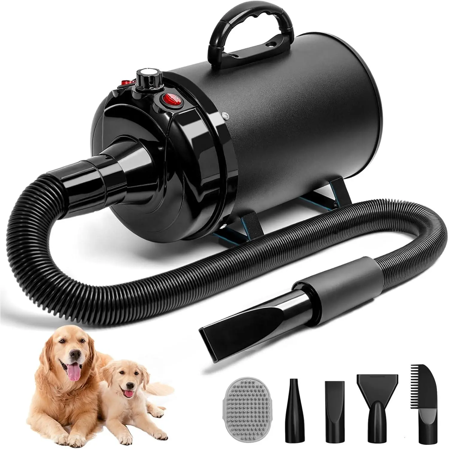 Dog Hair Dryer 5.2HP/ 3800W Professional Dogs Blower Grooming Dryer, Adjustable Temperature and Speed Pet Dryers with 4 Nozzles and a Comb, Black