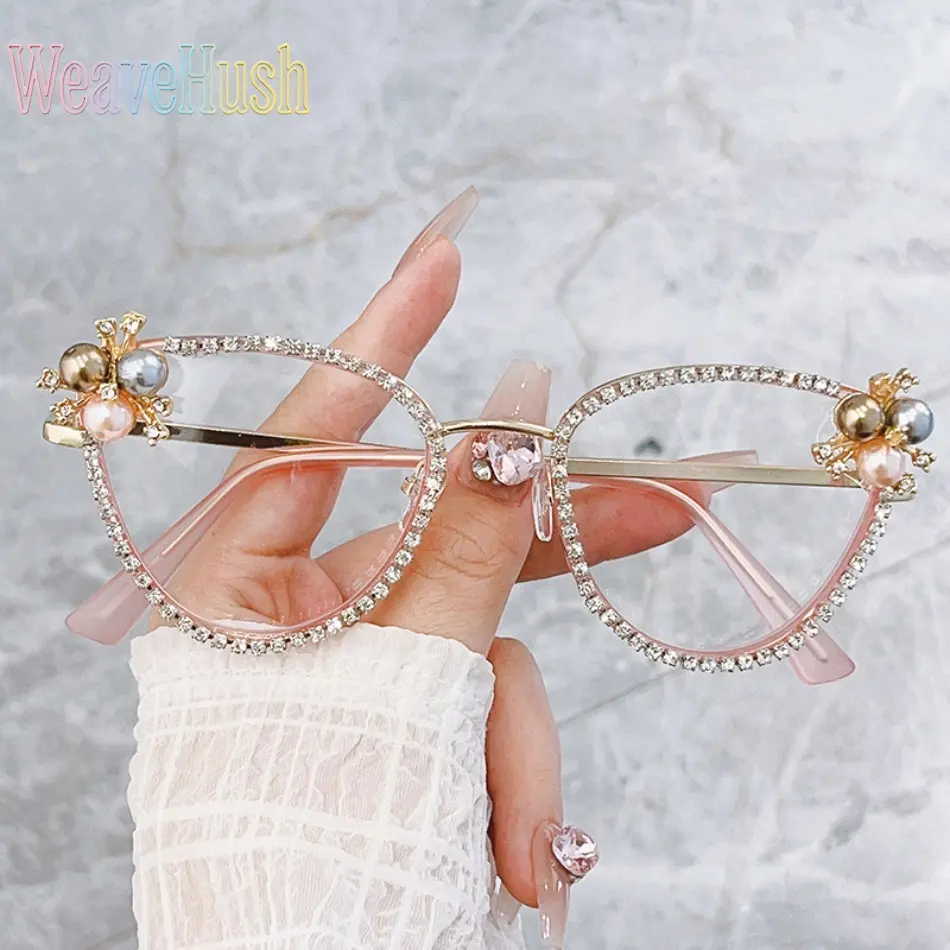 Women’s Rhinestone & Pearl Decorative Eyeglass Frame, Vintage Retro Cat‑Eye Anti‑Blue Light Clear Lens Glasses, Stylish Fashion Flat Mirror Eyewear for Daily Wear, Party & Trendy Street‑Style Outfits