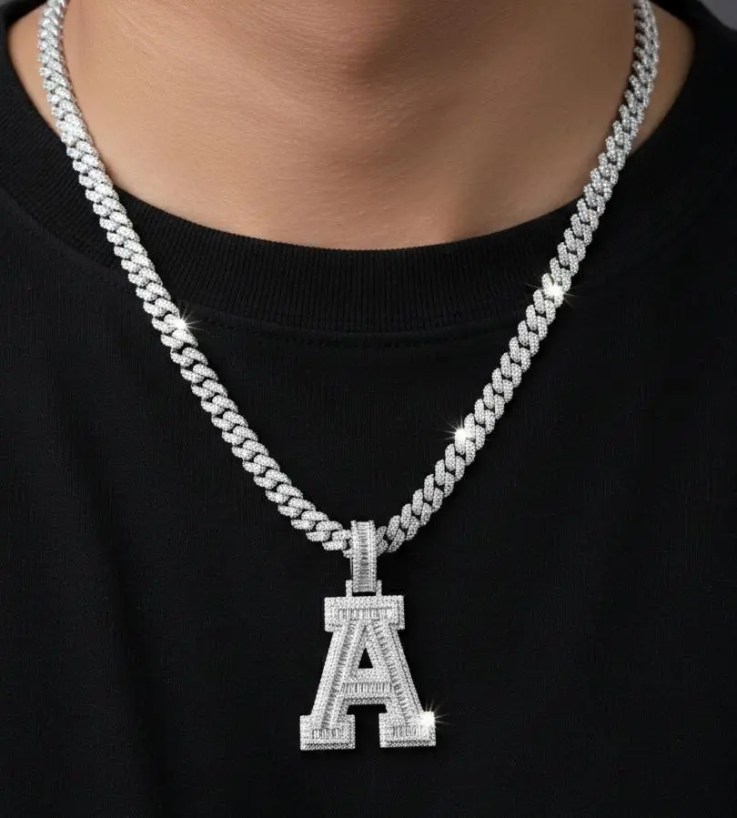 Iced Out A-Z Initial Pendant Necklace in Silver, Custom Letters S, X, Q, 3.50 CT VVS Baguette Cut Moissanite, GRA Certified, Initials, Letter Pendant, Looks Like Diamonds, Custom Jewelry, Youth, 925 Sterling Necklace, 44Mm, L, 17 Gram