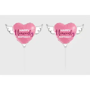 Happy Heavenly Birthday Memorial Balloon on a Stick – 8" Pink 2-Pack Heart with Angel Wings Graveside