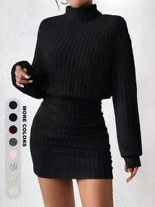Women's High Neck Ribbed Dress, Knitted Sweater Fabric, Slim Fit Comfortable, Elegant Fall & Winter Short Top, Casual Fashion