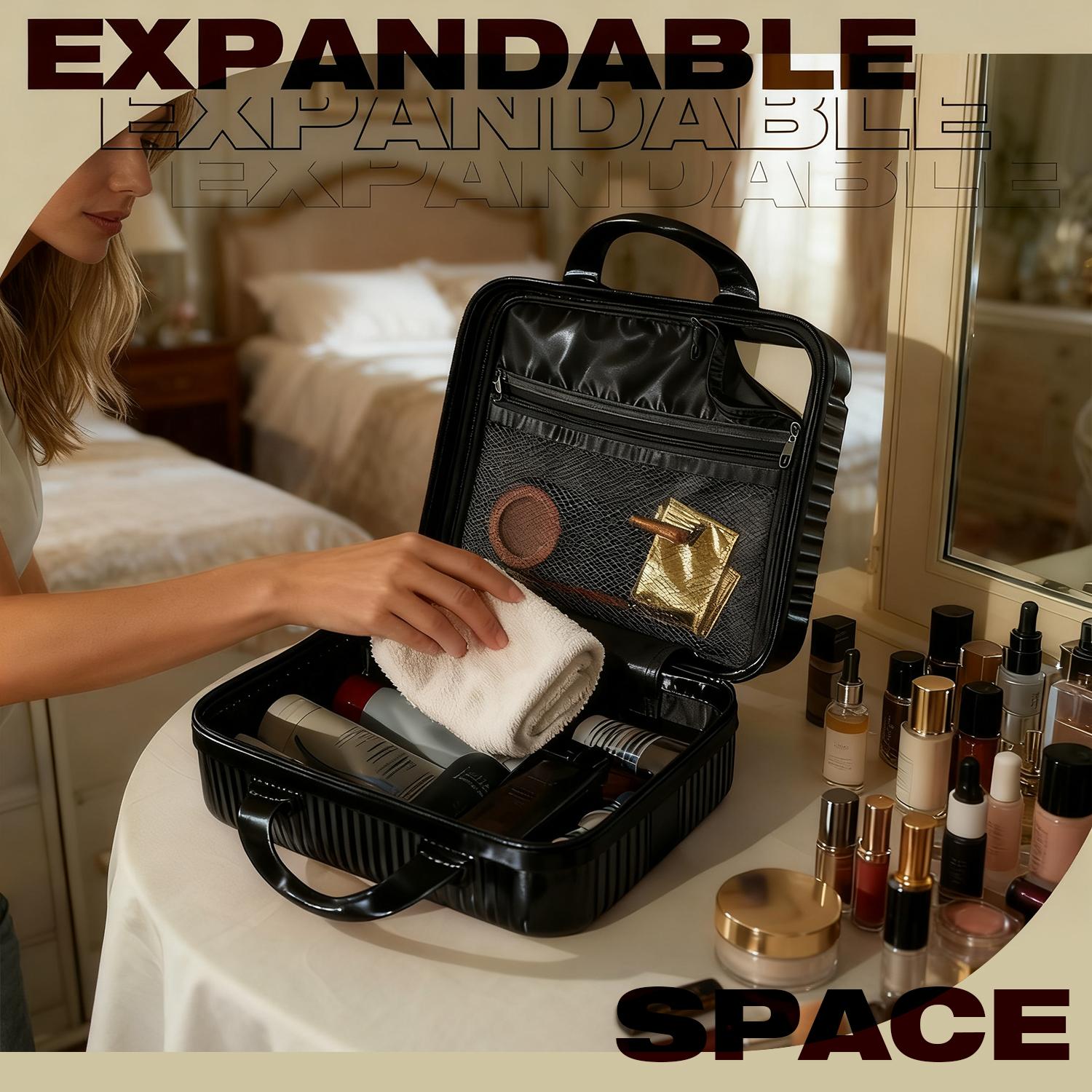 Green Striped Hard Shell Makeup Case | Portable Mini Travel Cosmetic Organizer with Elastic Straps | Durable ABS Vanity Bag